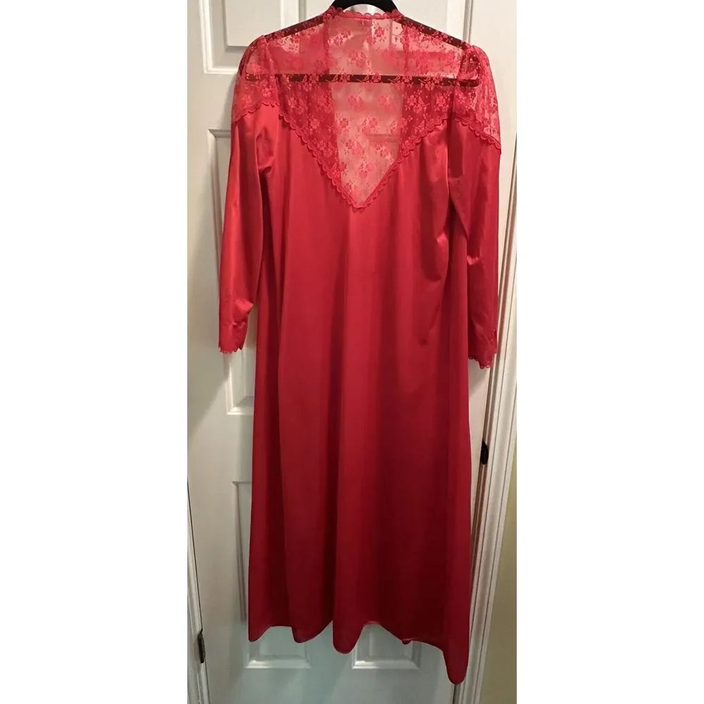 Vintage Undercover Wear Long‎ Red Nylon Lace Robe Size Medium Made In USA